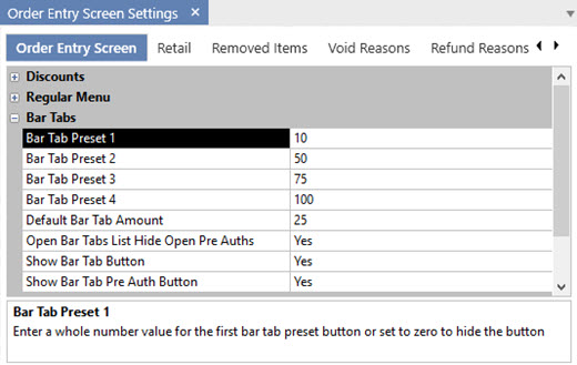 Bar Tab Settings