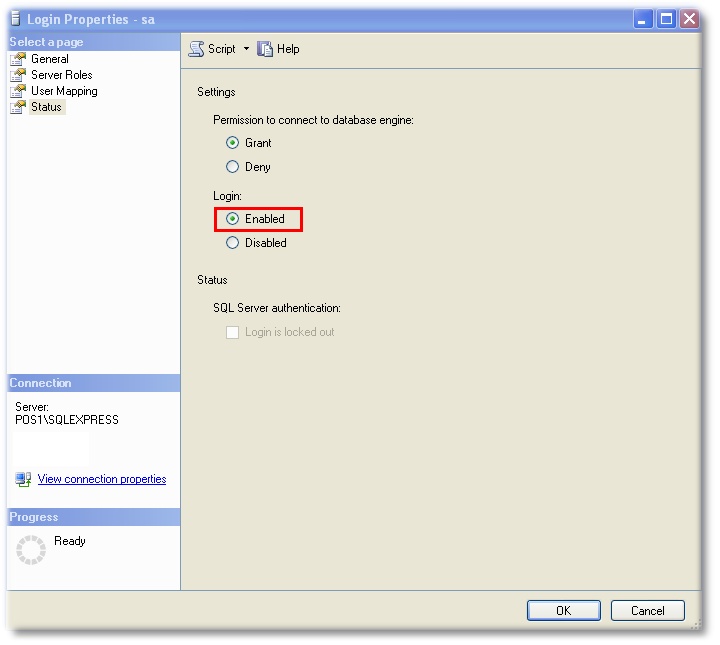 Enable the sa account in SQL Server Management Studio