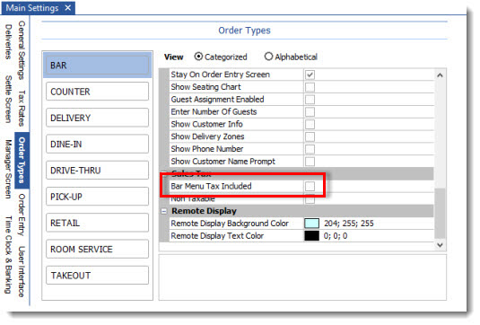 Specific Order Type Tax-Inclusive Bar Menu Items