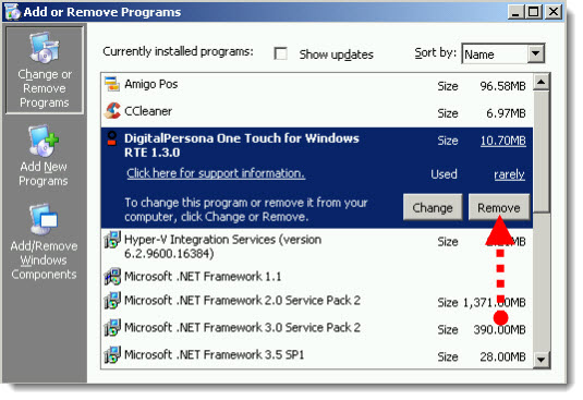 Uninstall DigitalPersona One Touch for Windows RTE 1.3.0 on Windows XP