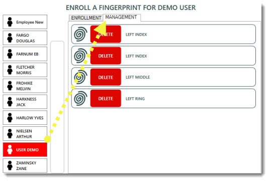 Viewing the selected employee's enrolled fingerprints