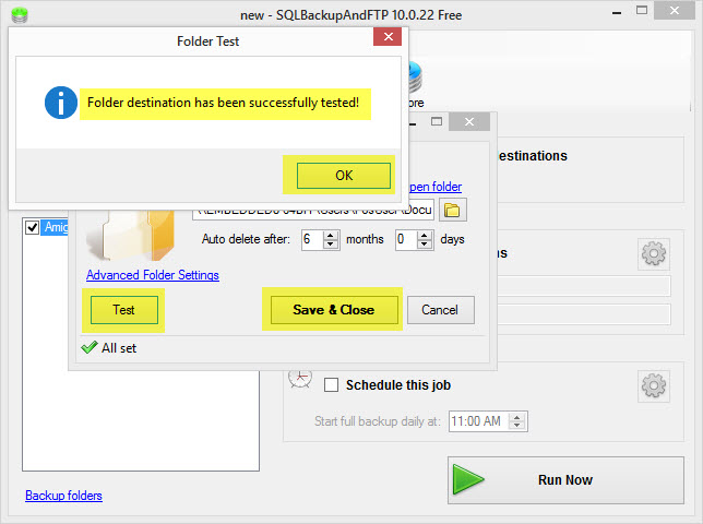 SQLBackupAndFTP Backup Folder Test