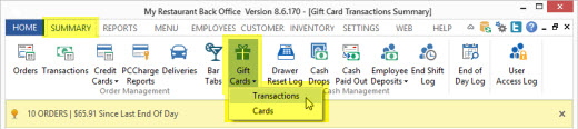 Back Office | Summary | Gift Cards