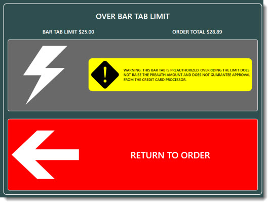 Alert informing the server that the bar tab limit cannot be exceeded