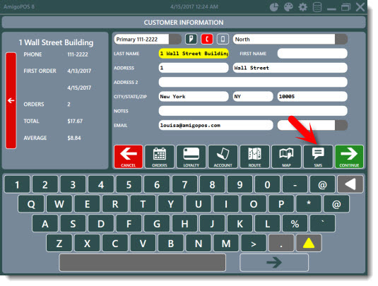 Customer Information Screen SEND SMS Button