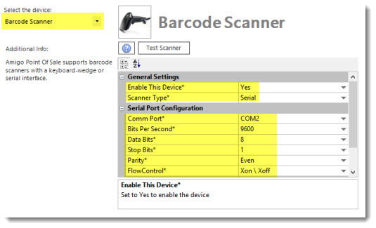 Serial Interface Barcode Scanner Configuration