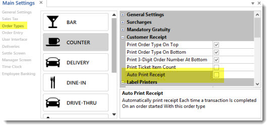 Receipt Printing Based On Order Type