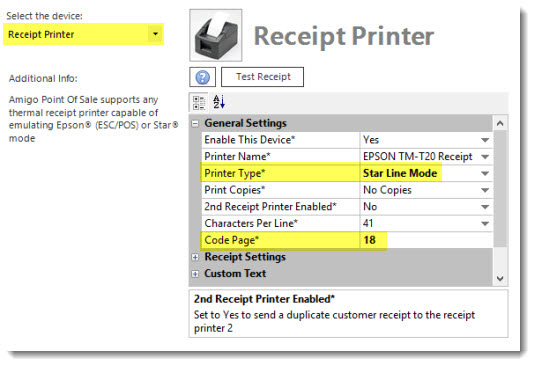 Specify the Code Page in Back Office | Settings | Devices | Receipt Printer | General Settings