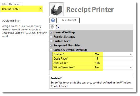 Specify the Code Page in Back Office | Settings | Devices | Receipt Printer | Currency Symbol Override