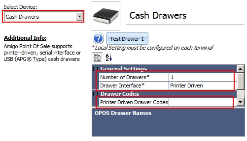 Entering the cash drawer codes for printer-driven cash drawers
