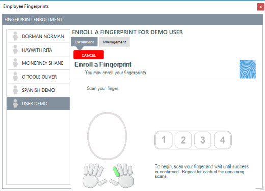 Scanning the selected finger in the fingerprint management utility